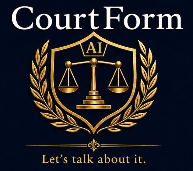 CourtForm gold scales logo with AI inside the shield